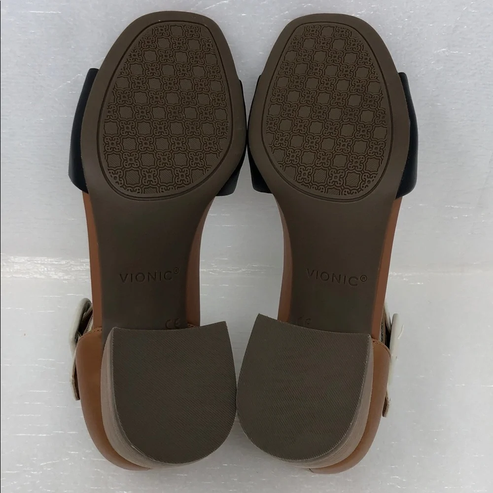 NEW Vionic Heels Chardonnay Tan Black Cream Leather Block Heel Adjustable Strap - Picture 8 of 13